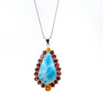 Büyük Boy Larimar Sitrin Lal (Garnet) Doğal Taş Gümüş Bayan Kolye - Görsel 2