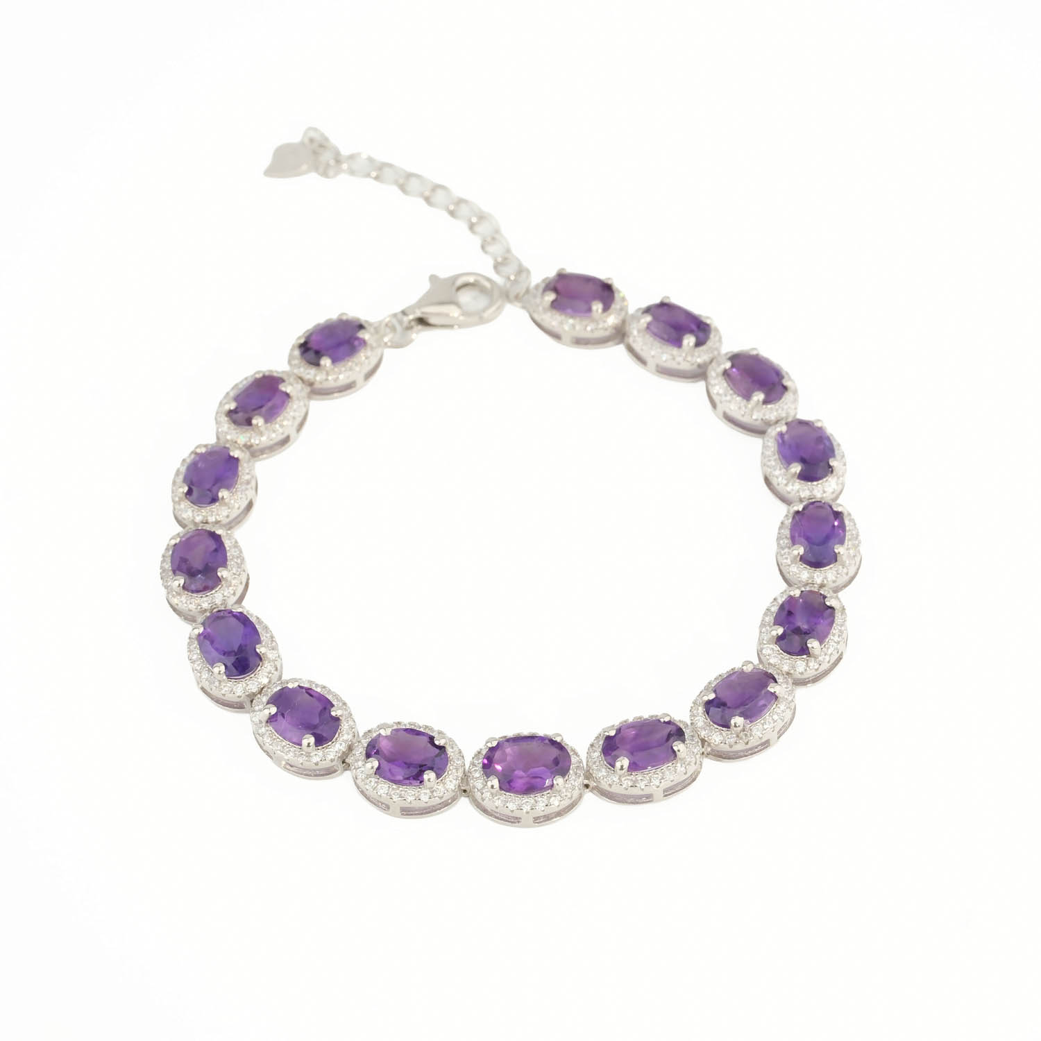 925 sterling silver women's bracelet designed with oval cut original amethyst natural stones and sparkling details.