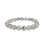 A luxury flexible natural stone bracelet made of 8-9mm round smooth clear quartz beads with sharp black rutilated inclusions in 6A+ quality.