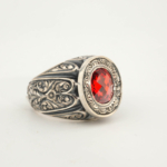 925 sterling silver mens ring featuring a facet cut original citrine natural stone in fiery red tones and detailed handcrafted motifs.