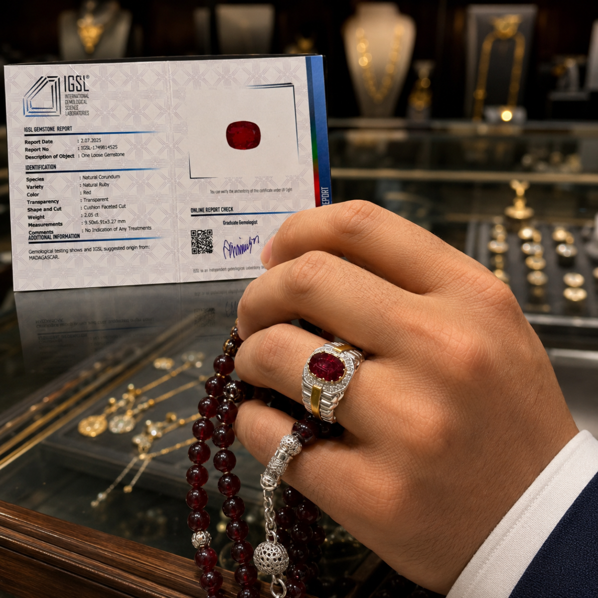 Luxury 925 sterling silver ring featuring an original ruby stone and diamond decorations, displayed in a custom wooden box with a GDL certificate.