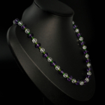 925 sterling silver choker necklace designed with 2mm diopside, 6mm clear quartz, and 8mm faceted amethyst stones.