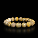 Bracciale flessibile in pietra naturale realizzato con perle rotonde e lisce di diaspro bumblebee da 10-11mm con bande gialle e grigie.