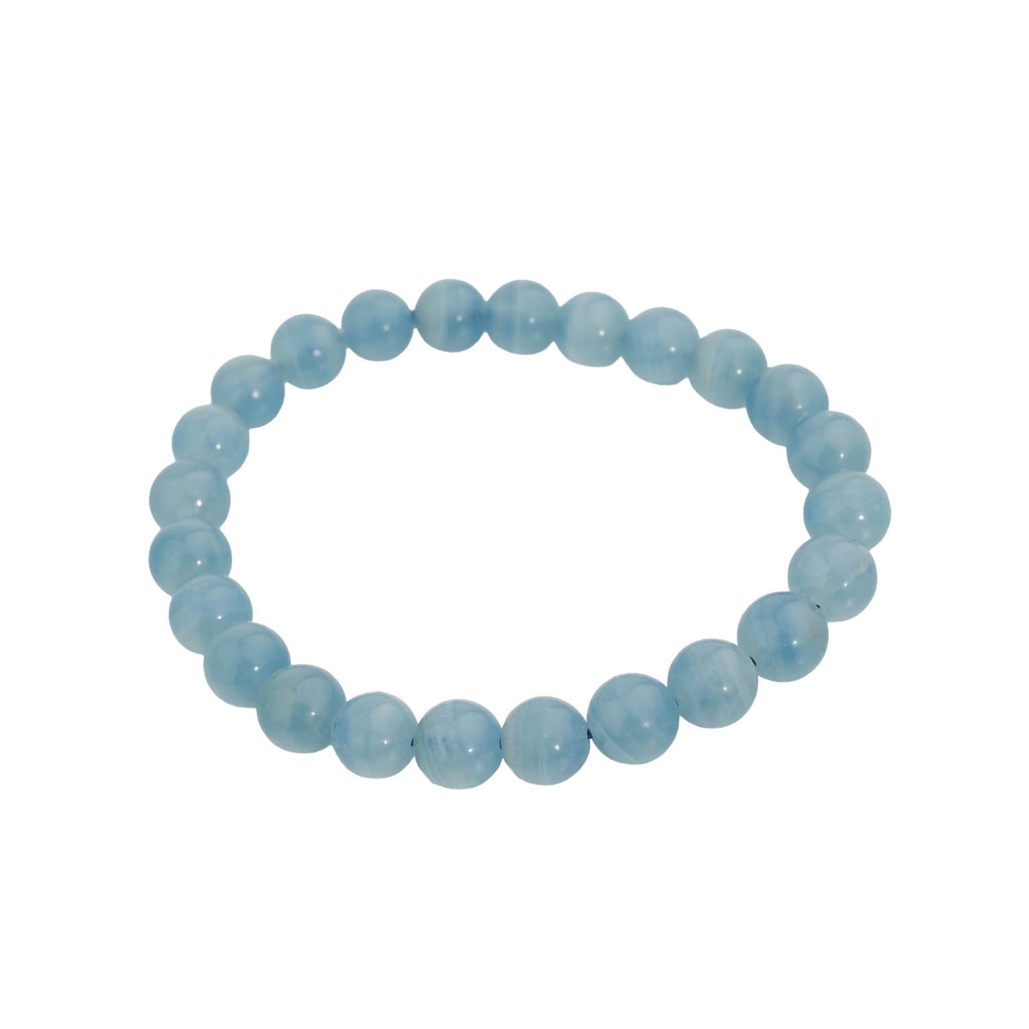 Bracelet flexible en pierre naturelle fait de perles rondes et lisses de calcite bleu clair de 8-9mm.