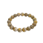Pulsera flexible de piedra natural hecha de cuentas redondas y lisas de jaspe abejorro de 10-11mm con bandas amarillas y grises.