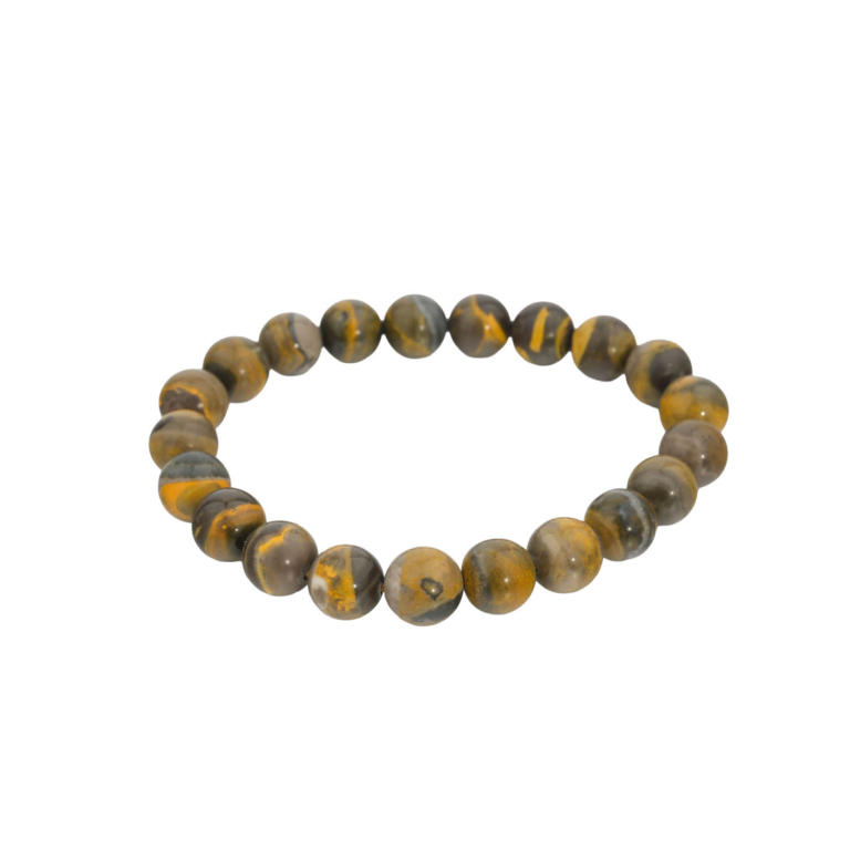 Bracelet flexible en pierre naturelle fait de perles rondes et lisses de jaspe bourdon de 9-10mm avec des bandes jaunes et noires.