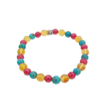 Bracciale flessibile in pietra naturale realizzato con perle rotonde di ambra gialla da 6mm, rubino rosa sfaccettato e turchese blu.
