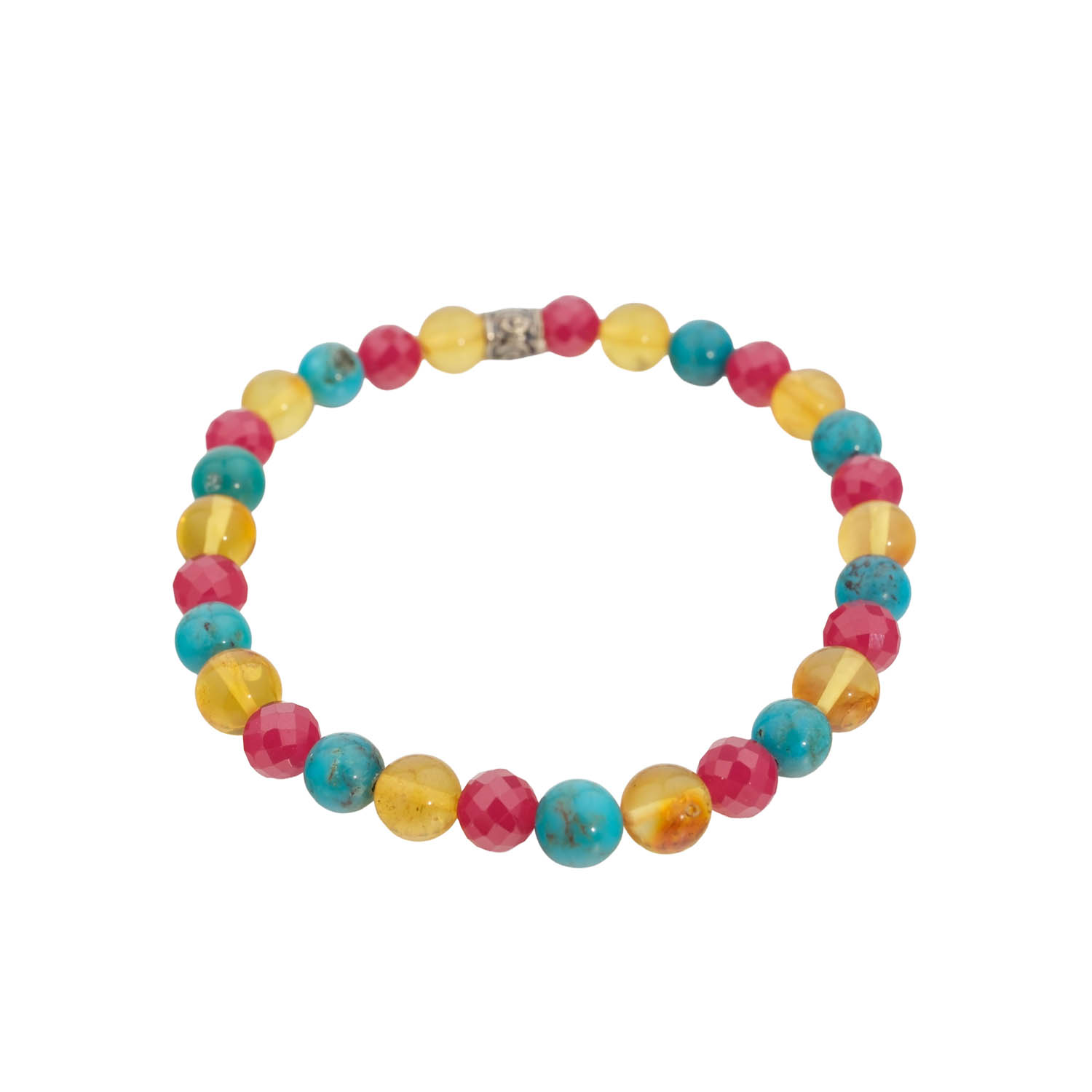 Bracciale flessibile in pietra naturale realizzato con perle rotonde di ambra gialla da 6mm, rubino rosa sfaccettato e turchese blu.