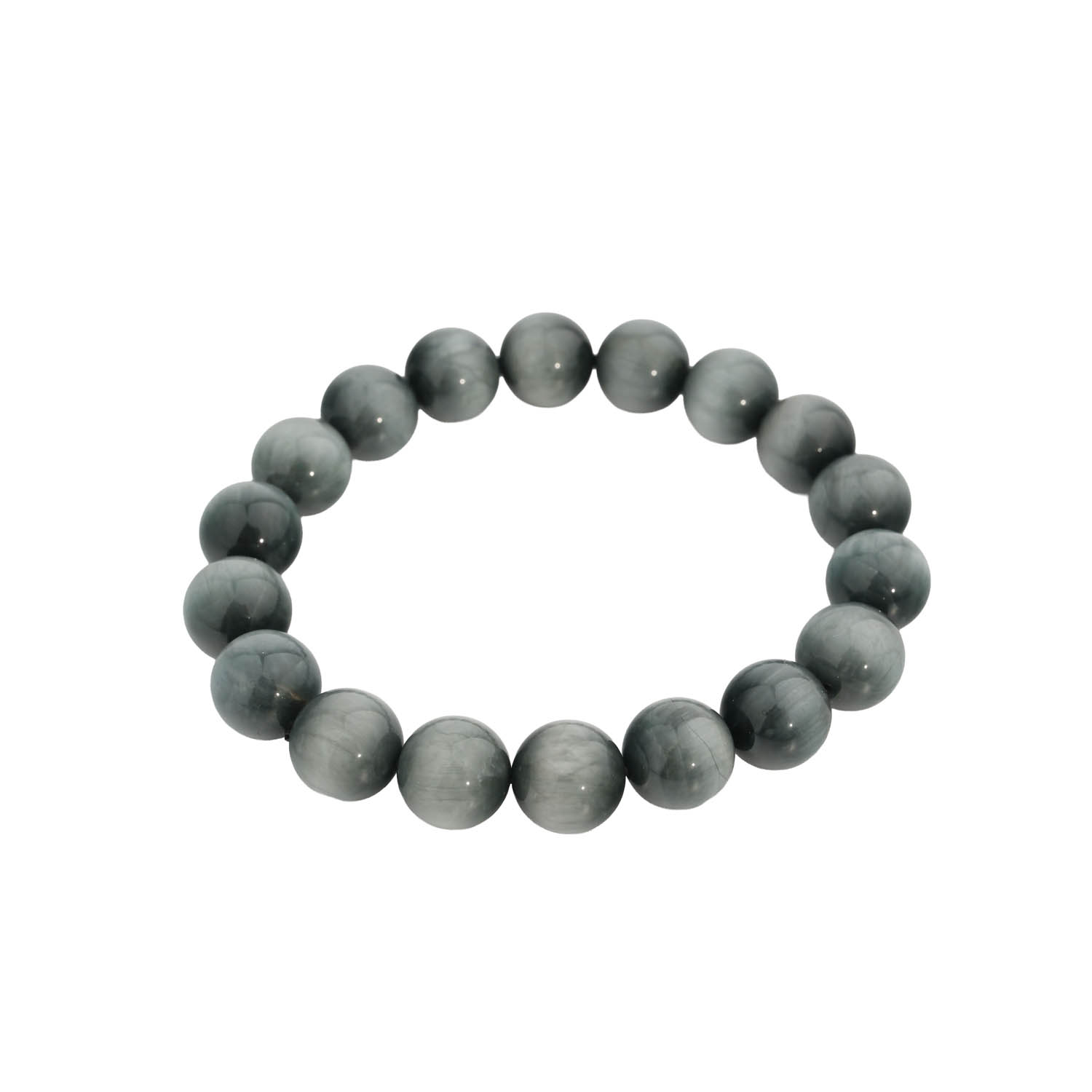 Pulsera flexible de piedra natural hecha de cuentas redondas y lisas de ojo de gato gris.