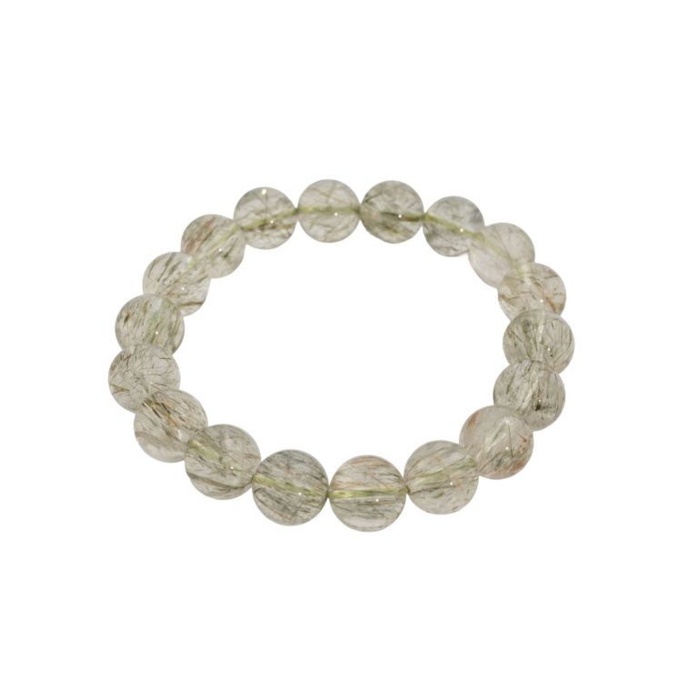 Pulsera flexible de piedra natural hecha de cuentas redondas y lisas de cuarzo transparente de 11-12mm con inclusiones de rutilo verde afiladas.