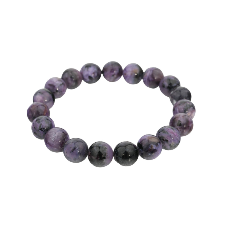 Pulsera flexible de piedra natural hecha de cuentas redondas y lisas de charoita morada veteada de calidad 5A+.
