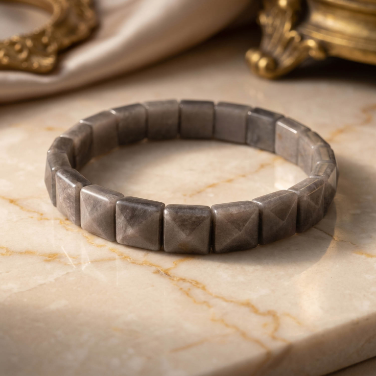 Orijinal gümüş pırıltılı silver obsidyen doğal taşından üretilmiş rolex kesim şık tasarım bileklik.