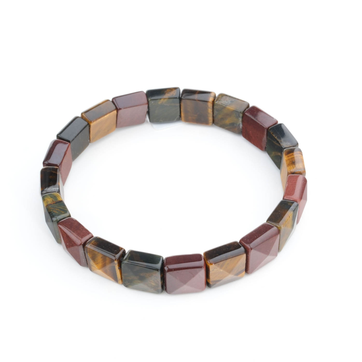 Bracelet flexible en pierre naturelle taille rolex fabriqué à partir d'oreilles de tigre originales dans les tons dorés, rouges et bleus.
