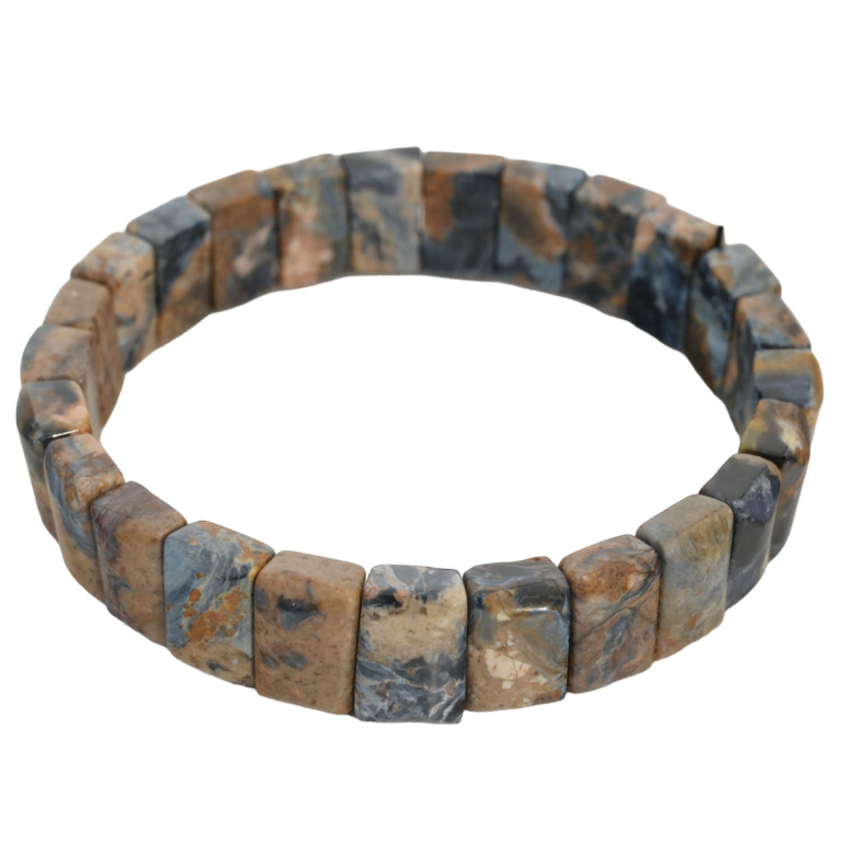 Bracelet flexible unisexe de coupe rolex fabriqué en piétersite naturelle originale aux tons bleus, bruns et dorés, présenté dans DSCF0174.jpg.