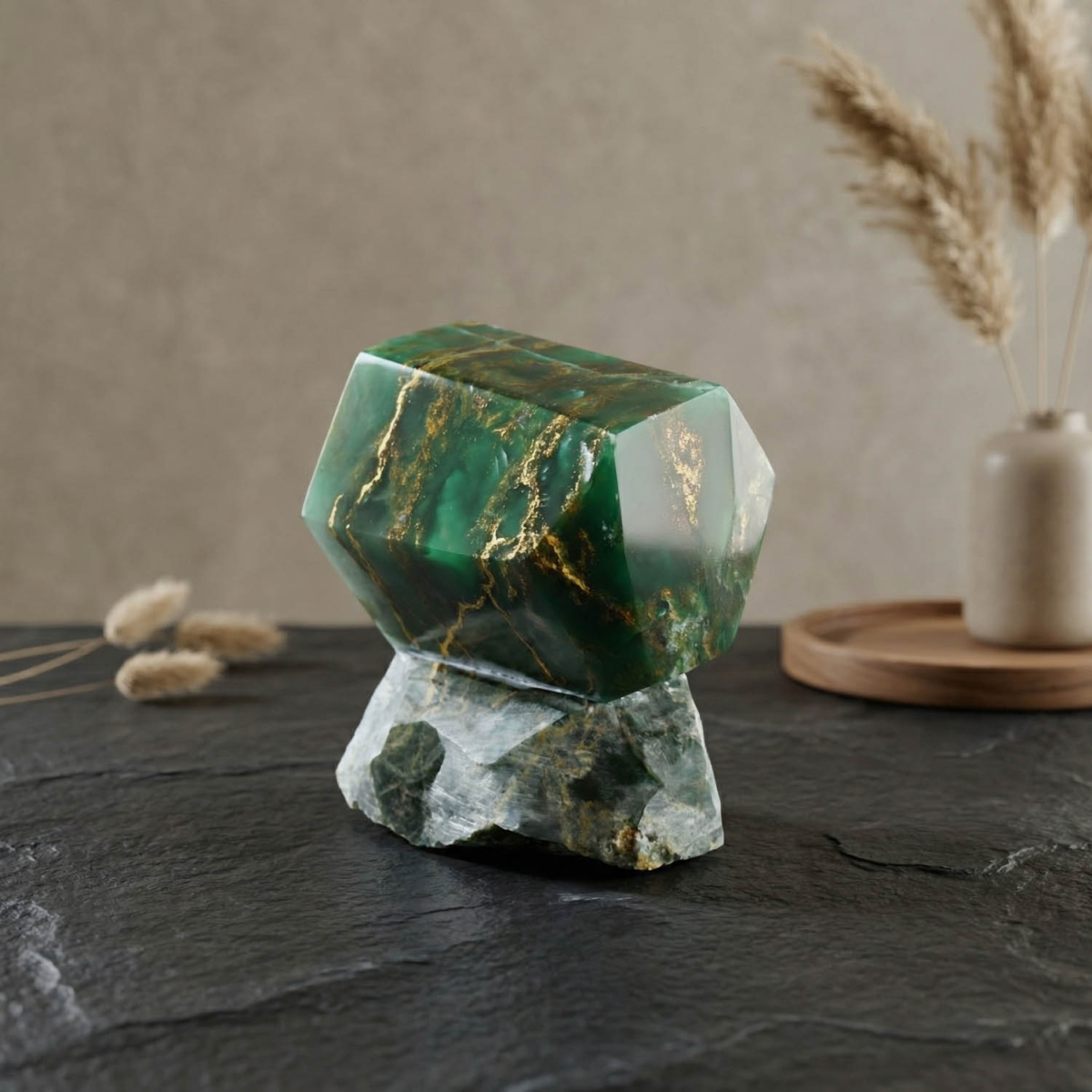 Original Brazil jade natural stone raw piece with golden yellow veins on a natural dark green matrix.