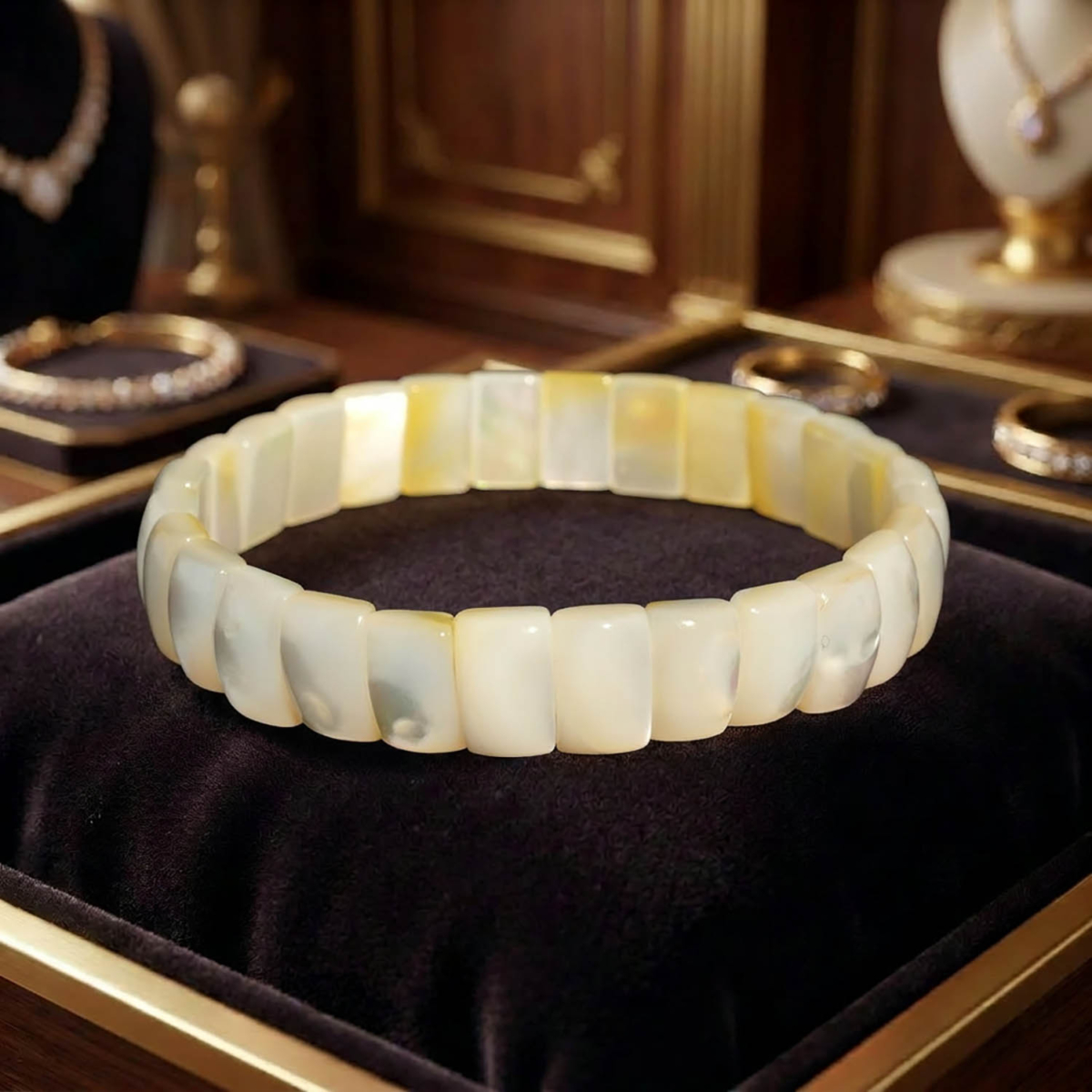 Rolex-Armband im Rechteckschliff aus originalem Ozean-Perlmutt mit irisierenden Reflexen in Perlweiß- und Cremetönen.