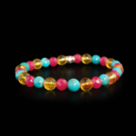 Pulsera flexible de piedra natural hecha de cuentas redondas de ambar amarillo de 6mm, rubi rosa facetado y turquesa azul.