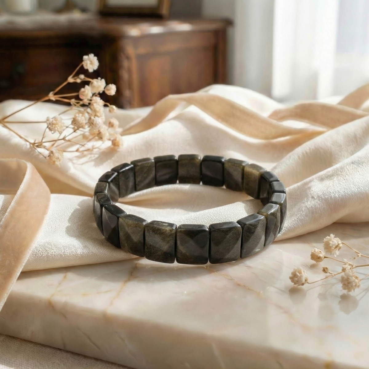 Orijinal altın pırıltılı gold obsidyen doğal taşından üretilmiş rolex kesim şık tasarım bileklik.