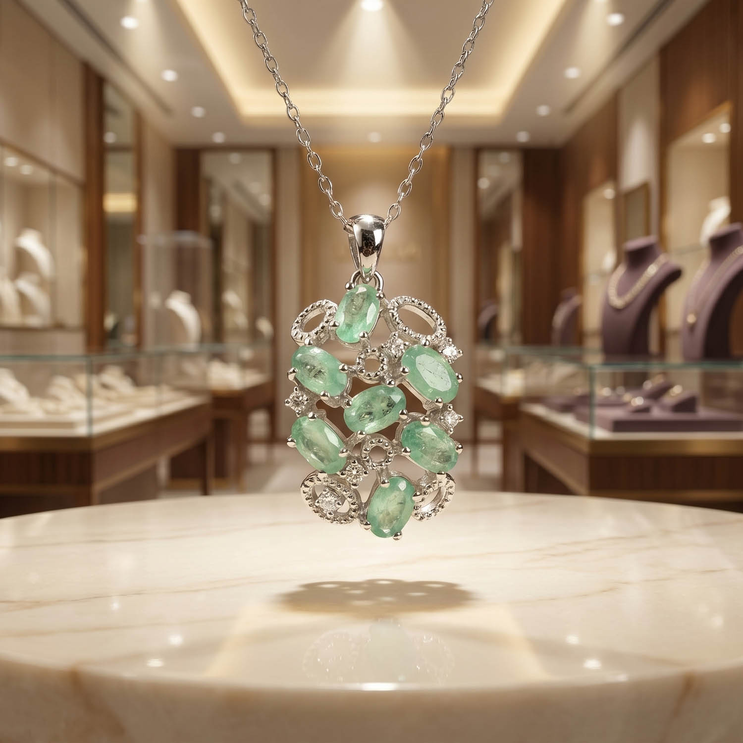 gruen-smerald-naturstein-925-silber-design-kette Fasetli oval çoklu orijinal zümrüt doğal taşlı ve sarmal zirkon işlemeli 925 ayar gümüş zincirli tasarım kolye modeli.