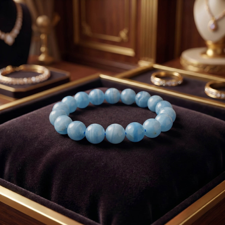 Armband aus originalem blauem Calcit-Naturstein mit 11-12 mm großen, pastellblauen Perlen.