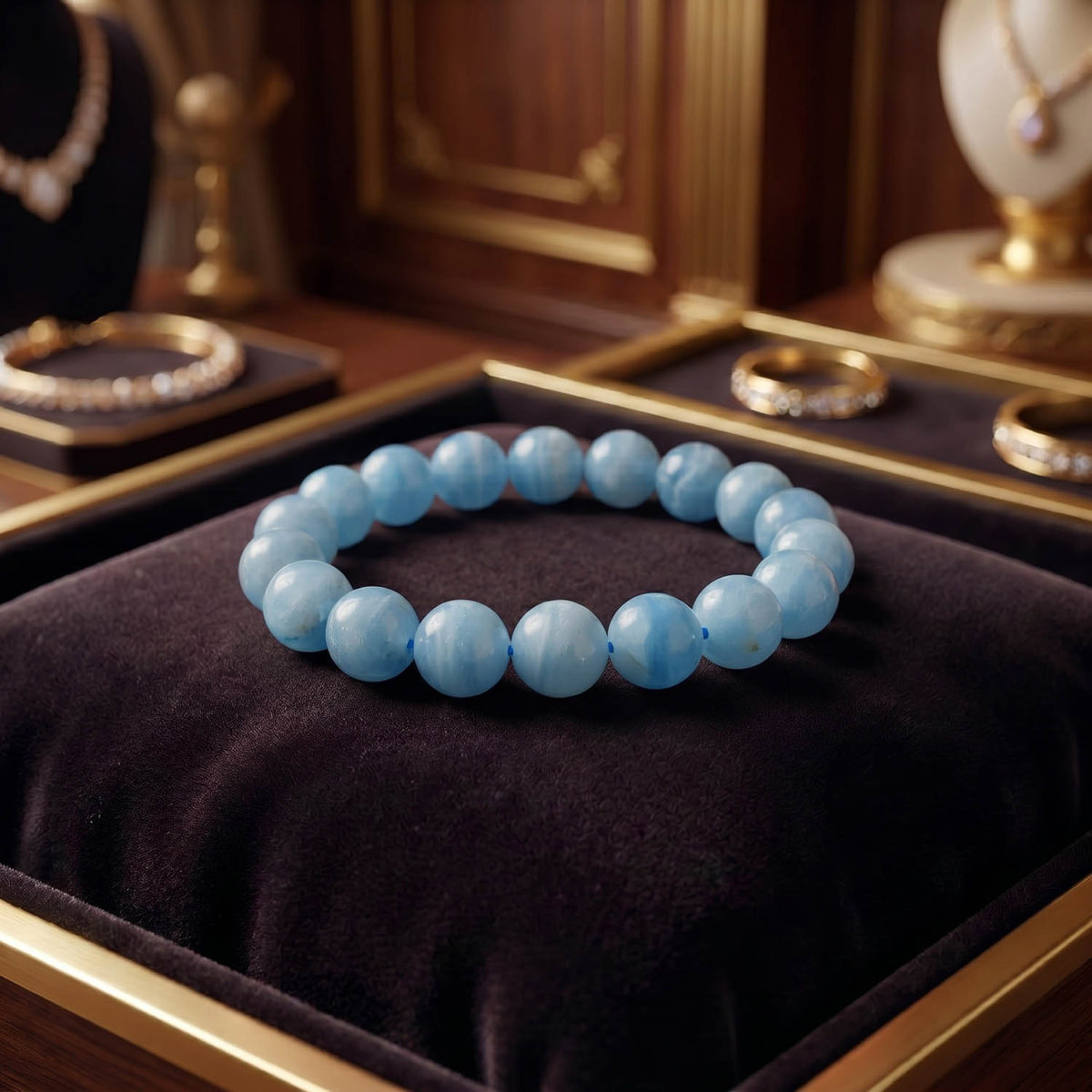 Armband aus originalem blauem Calcit-Naturstein mit 11-12 mm großen, pastellblauen Perlen.