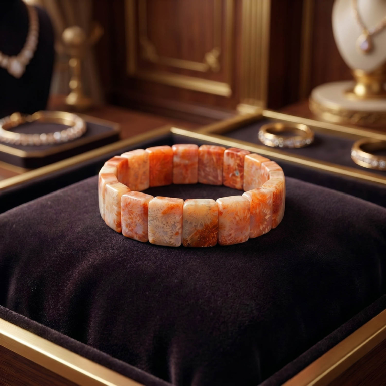 Turuncu ve beyaz tonlarında, üzerinde doğal çiçek desenleri bulunan kare kesim rolex orijinal fosil mercan doğal taş bileklik.