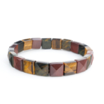 Pulsera flexible de piedra natural corte rolex hecha de piedras de ojo de tigre originales en tonos dorados, rojos y azules.