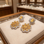A luxury designer earrings featuring original faceted oval and teardrop citrine gemstones set in 925 sterling silver with zircon accents.