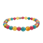 A luxury flexible natural stone bracelet made of 6mm round yellow amber, faceted pink ruby, and blue turquoise beads.