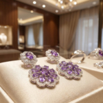 Boucles d'oreilles de luxe en argent sterling 925 ornées de pierres d'améthyste violette originales coupe facette en forme de fleur.