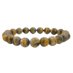 Pulsera flexible de piedra natural hecha de cuentas redondas y lisas de jaspe abejorro de 9-10mm con bandas amarillas y negras.