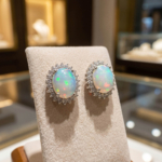 Luxus-Design-Ohrringe aus originalen Opal-Edelsteinen im Oval-Cabochon-Schliff, gefasst in 925er Sterlingsilber mit Zirkon-Halo.
