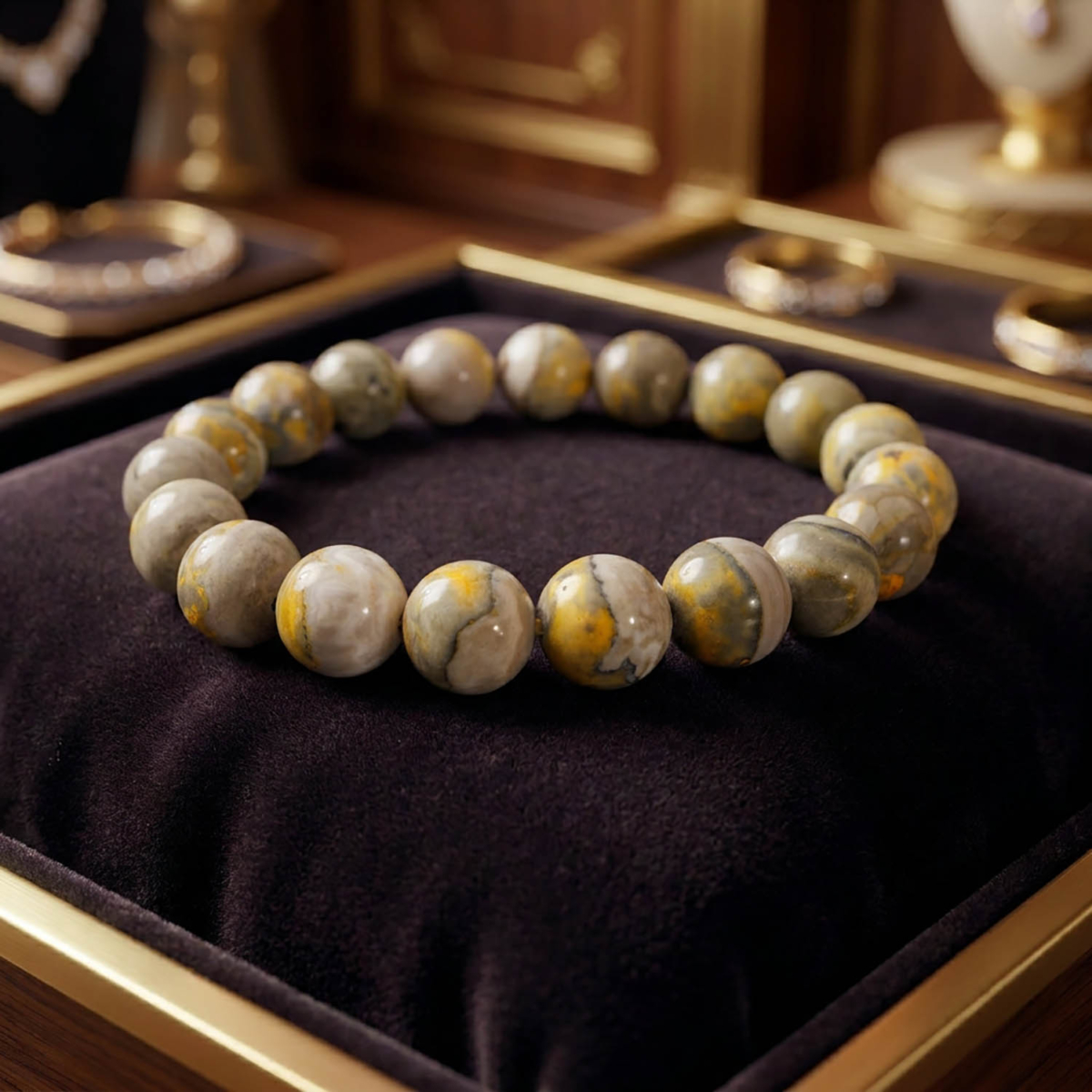 Flexibles Natursteinarmband aus 10-11mm runden, glatten Bumblebee-Jaspisperlen mit gelben und grauen Bändern.
