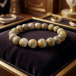 Flexibles Natursteinarmband aus 10-11mm runden, glatten Bumblebee-Jaspisperlen mit gelben und grauen Bändern.