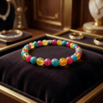 Flexibles Natursteinarmband aus 6mm runden gelben Bernsteinperlen, facettierten rosa Rubinperlen und blauen Türkisperlen.