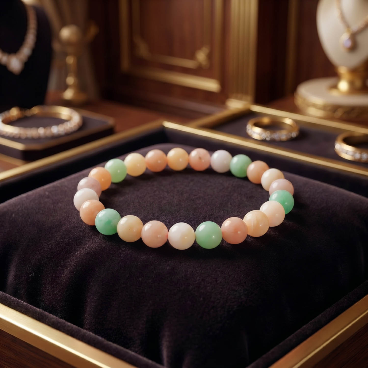 Flexibles Natursteinarmband aus 8-9mm runden grünen Chrysoprasperlen und zartrosa Opalperlen.