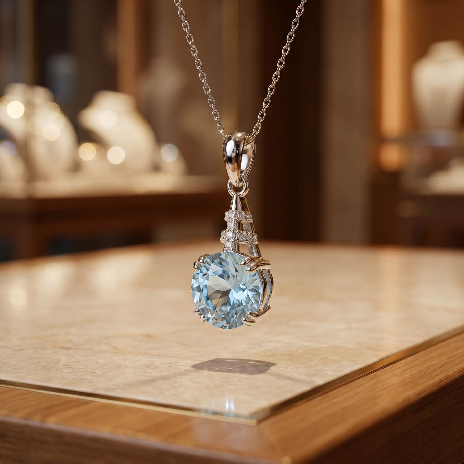 Luxus-Design-Kette aus einem originalen blauen Topas-Edelstein im Facetten-Rundschliff, gefasst in 925er Sterlingsilber.