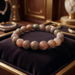 Flexibles Natursteinarmband aus 10-11mm runden, glatten klaren Quarzperlen mit gemischten Kupfer-Rutil-Einschlüssen.