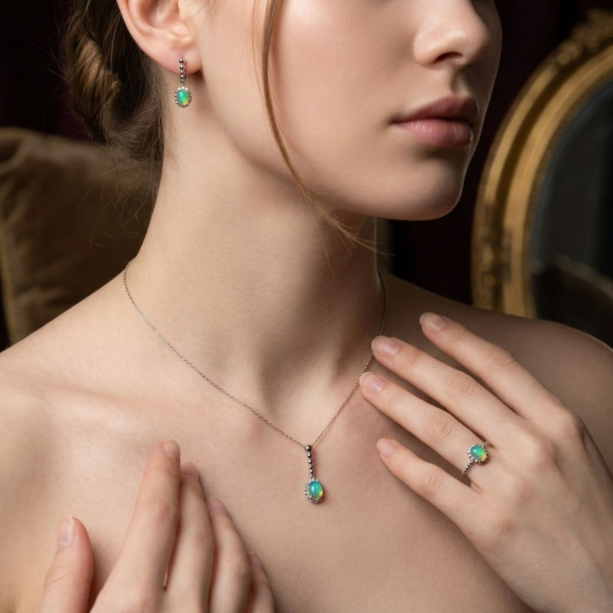 Oval kabaşon kesim turuncu yanardöner orijinal opal taşlı ve topuzlu gümüş işçilikli 925 ayar tasarım yüzük, küpe ve kolye ucu set modeli.