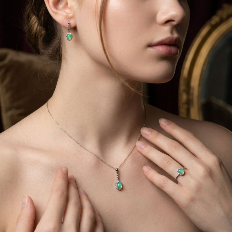 Oval kabaşon kesim turuncu yanardöner orijinal opal taşlı ve topuzlu gümüş işçilikli 925 ayar tasarım yüzük, küpe ve kolye ucu set modeli.