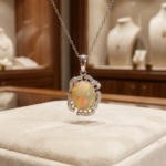 Luxus-Design-Kette aus originalen Opal-Edelsteinen im Oval-Cabochon-Schliff, gefasst in 925er Sterlingsilber mit Zirkon-Details.