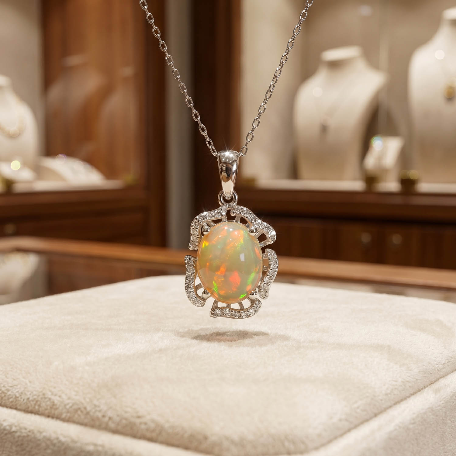 orijinal-opal-dogal-tas-925-ayar-gumus-tasarim-kolye Luxus-Design-Kette aus originalen Opal-Edelsteinen im Oval-Cabochon-Schliff, gefasst in 925er Sterlingsilber mit Zirkon-Details.