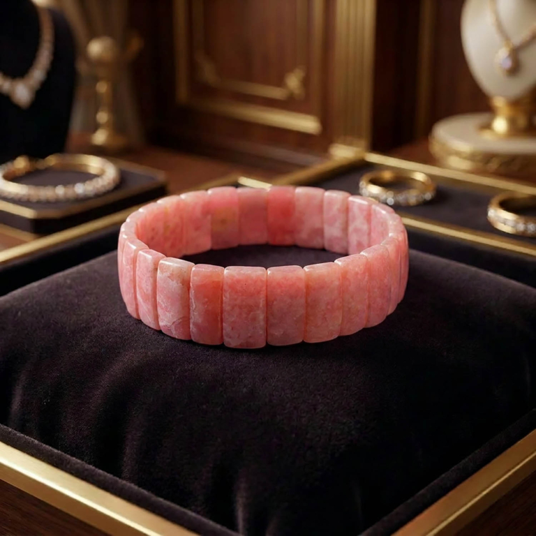 Flexibles Unisex-Armband im Rolex-Schliff aus originalem Rhodochrosit-Naturstein mit rosa Tönen.