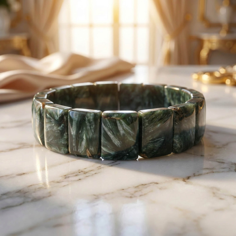 Koyu yeşil zemin üzerinde gümüş renkli melek kanadı desenleri barındıran orijinal serafinit doğal taş rolex kesim esnek bileklik.