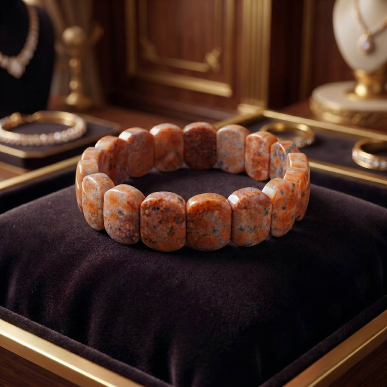 Turuncu ve kiremit tonlarında, üzerinde benekli fosil desenleri bulunan oval kesim rolex orijinal mercan doğal taş bileklik.