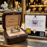 Handcrafted 925 sterling silver ring featuring a 3.65 carat yellow sapphire and 0.15 carat diamonds, displayed in a custom wooden box with a certificate.