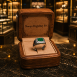 Handgefertigter Designring aus 925er Sterlingsilber im modernen Look mit einem 3,85 Karat originalen sambischen Smaragd, präsentiert in einer individuellen Holzkiste namens 1 (9).png.