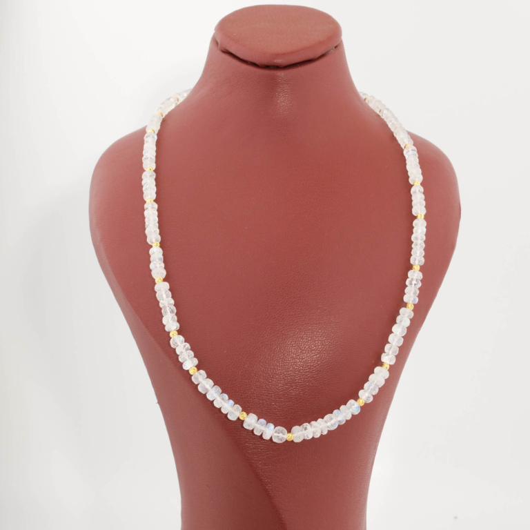 Collana da donna in argento 925 dorato con grani rondelle sfaccettati in pietra di luna naturale qualità 6A+ (4-6mm).
