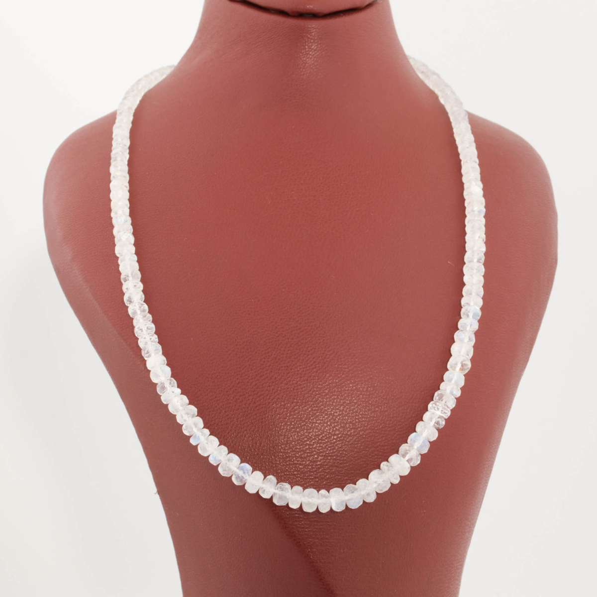 A 925 sterling silver design women necklace (43+5cm) featuring 4-6mm 6A+ quality rondelle faceted blue sheen natural moonstone beads.