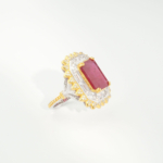 Anillo de diseño de lujo adornado con gema de rubí natural original de 7,5ct y cristales Swarovski en plata de ley 925.